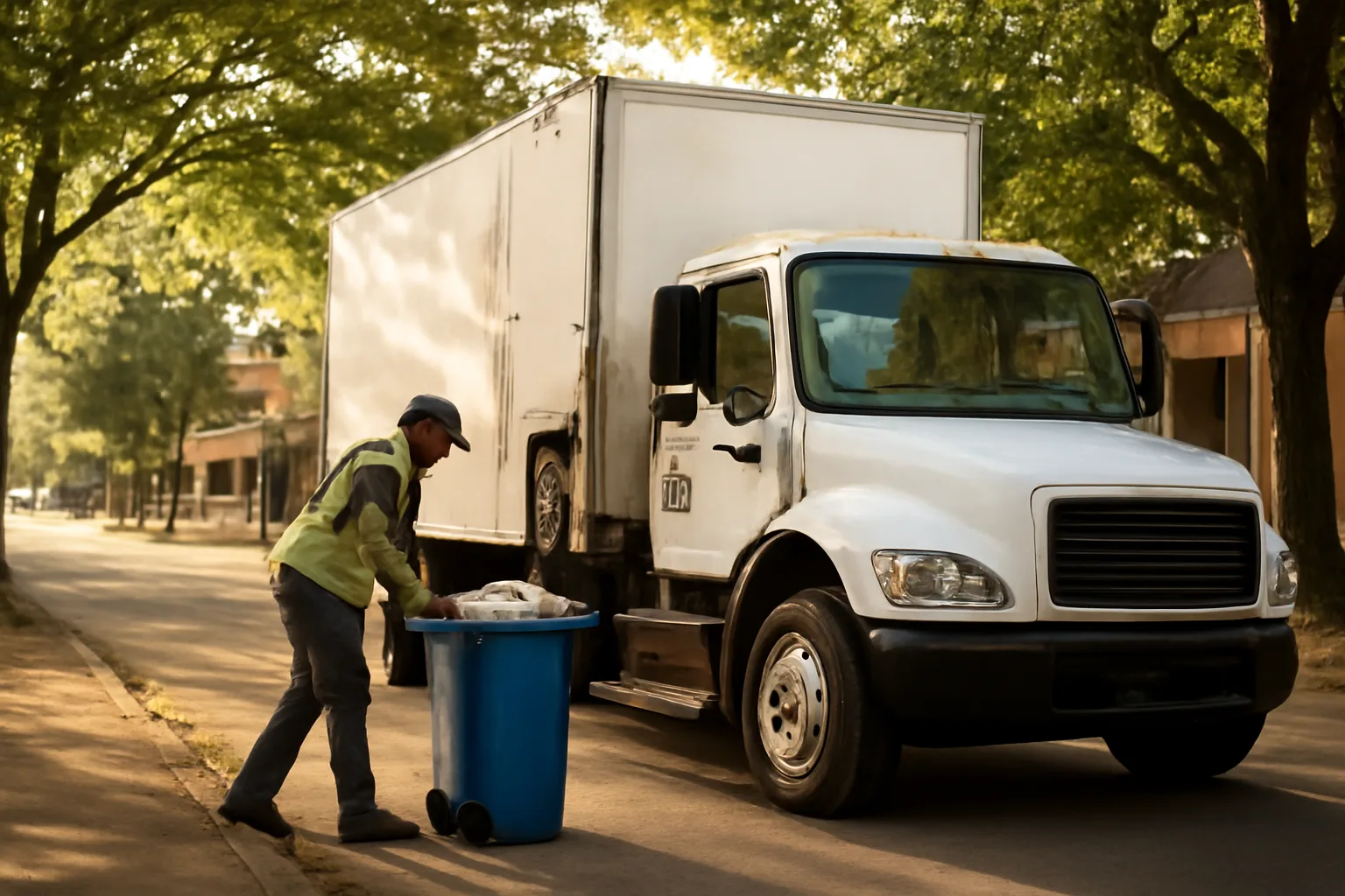 Mobile shredding truck on a residential street in Alabama, worker unloading paper bin.