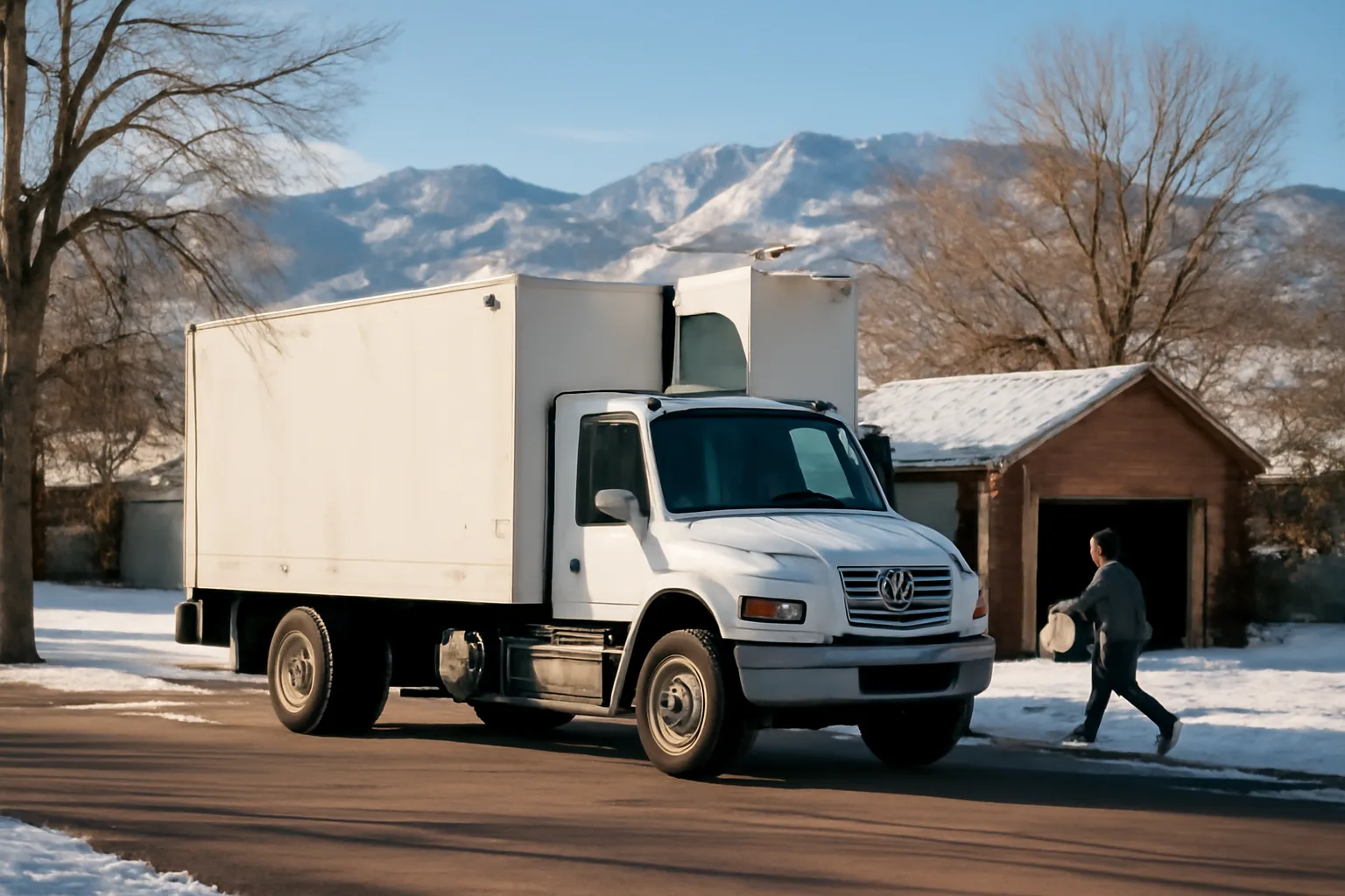 Mobile shred truck parked on a Denver street with Rocky Mountains visible