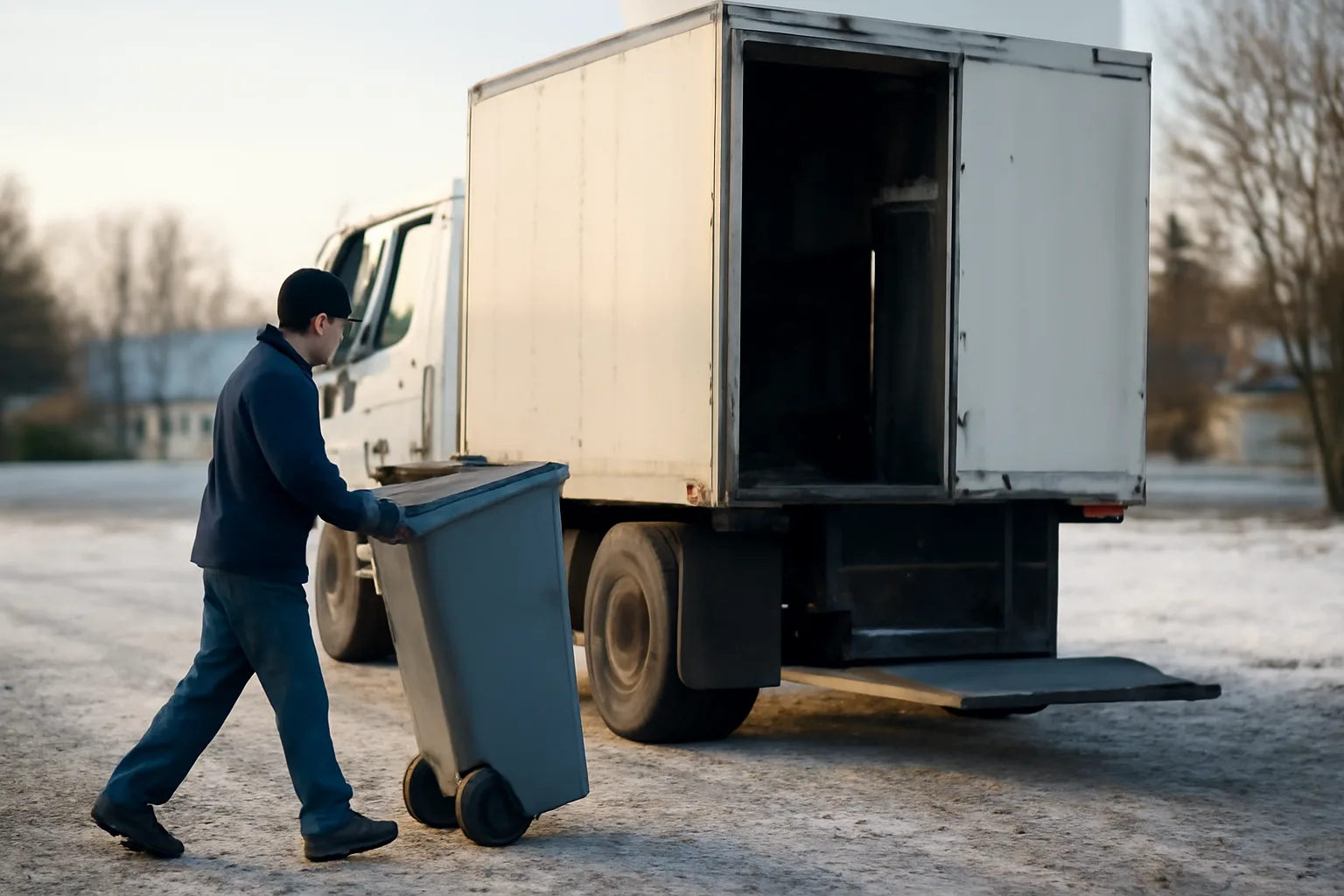 Mobile shredding truck parked on a snowy Anchorage lot with worker carrying papers