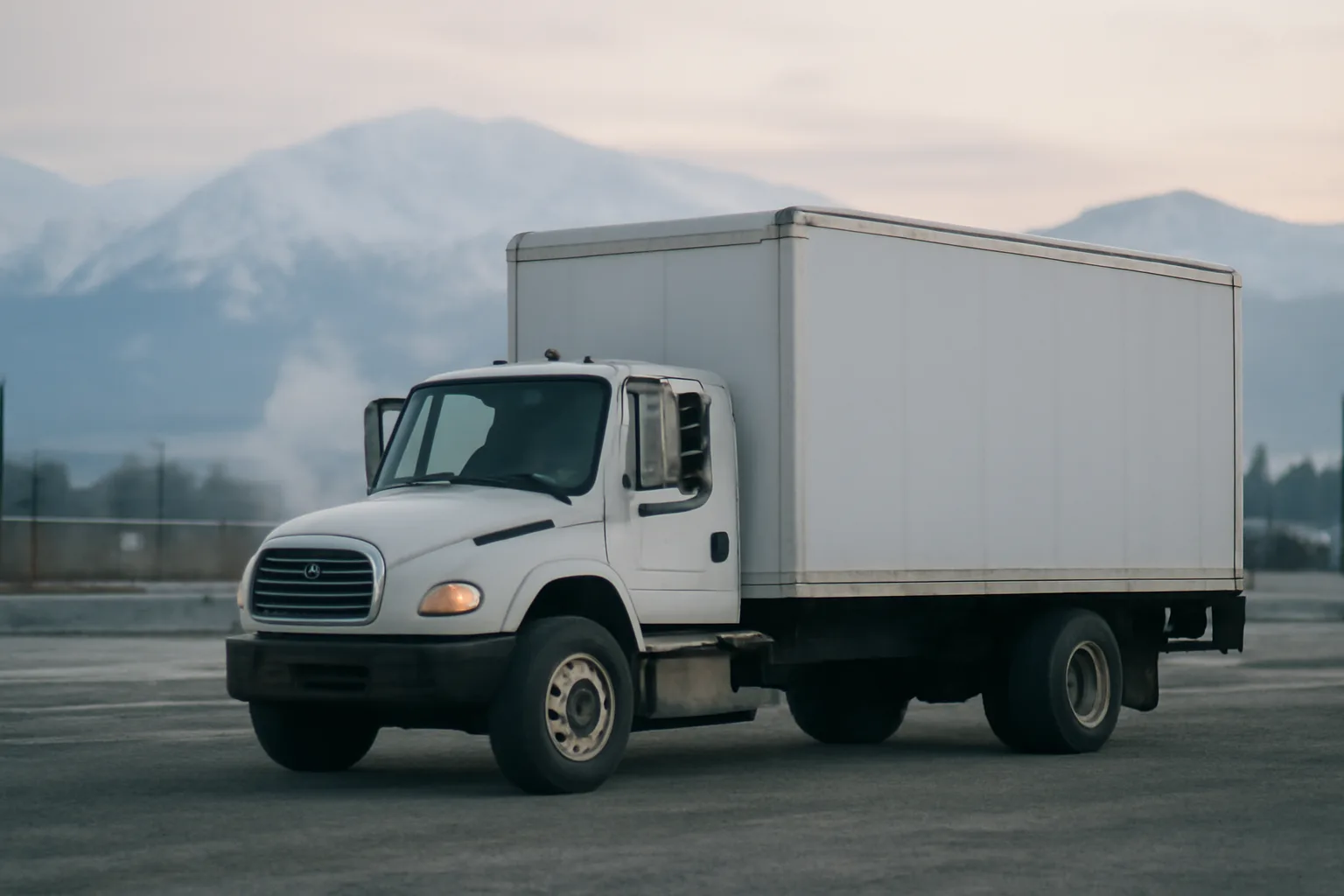 White mobile shred truck on a gravel lot in winter Anchorage with mountains behind