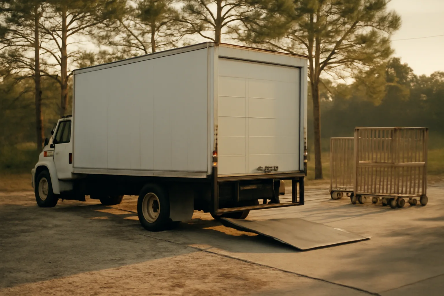 Mobile shred truck and empty carts in a Florida industrial lot