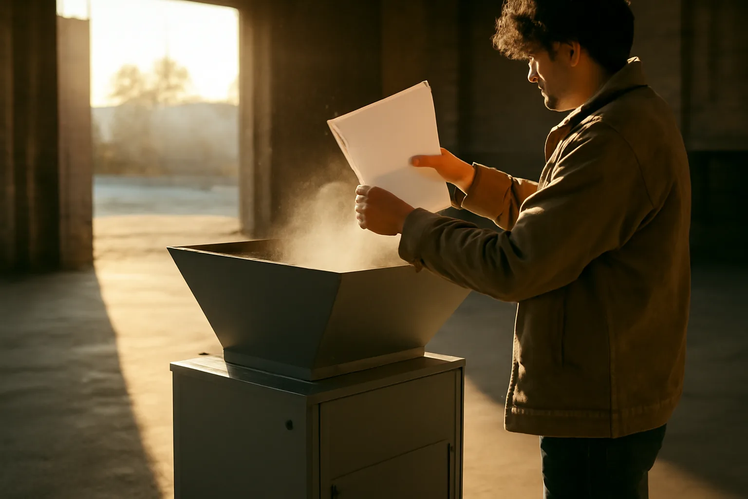 Worker feeding office paper into a mobile shred hopper in Georgia