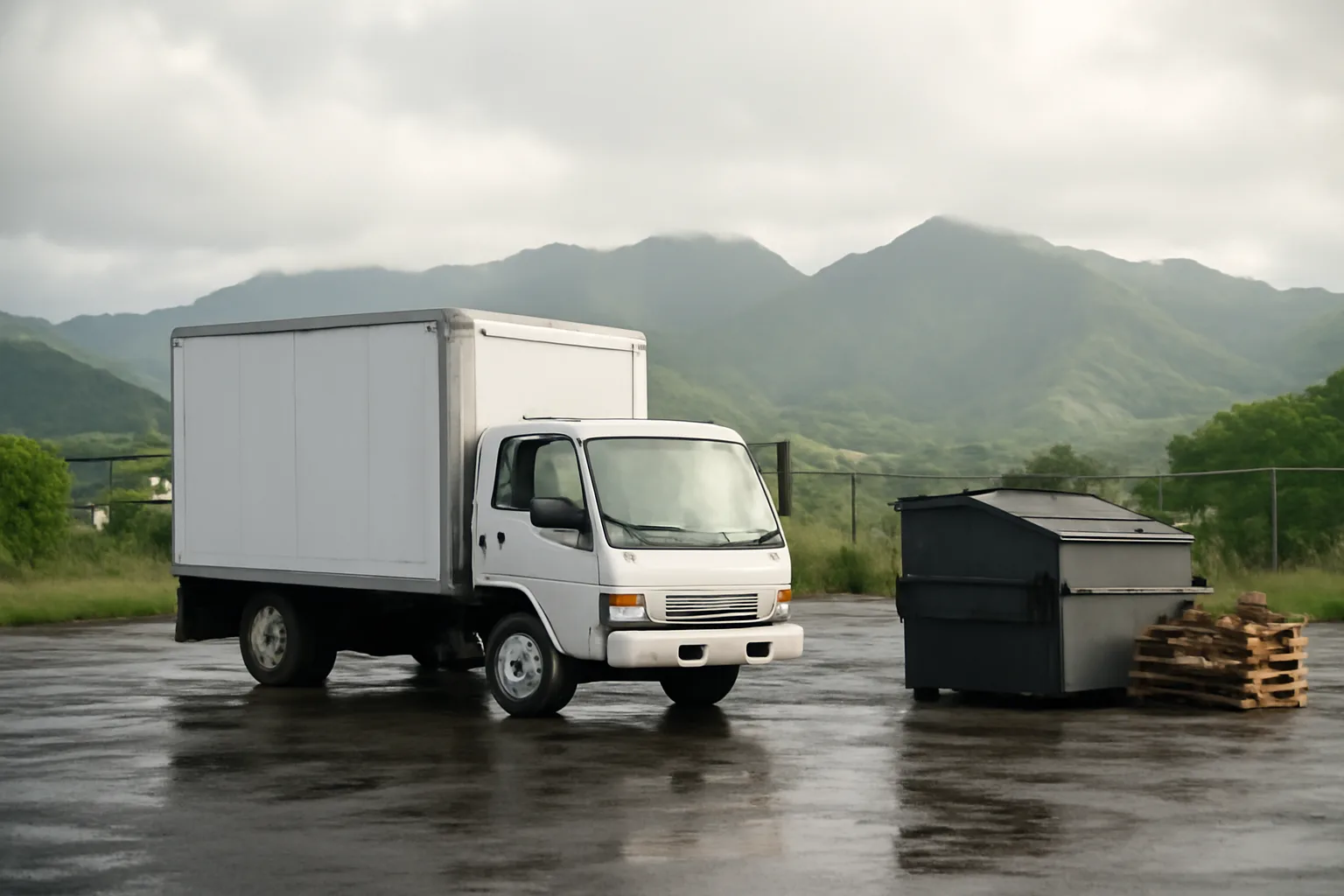 Unmarked box truck in a wet Honolulu yard for mobile shred