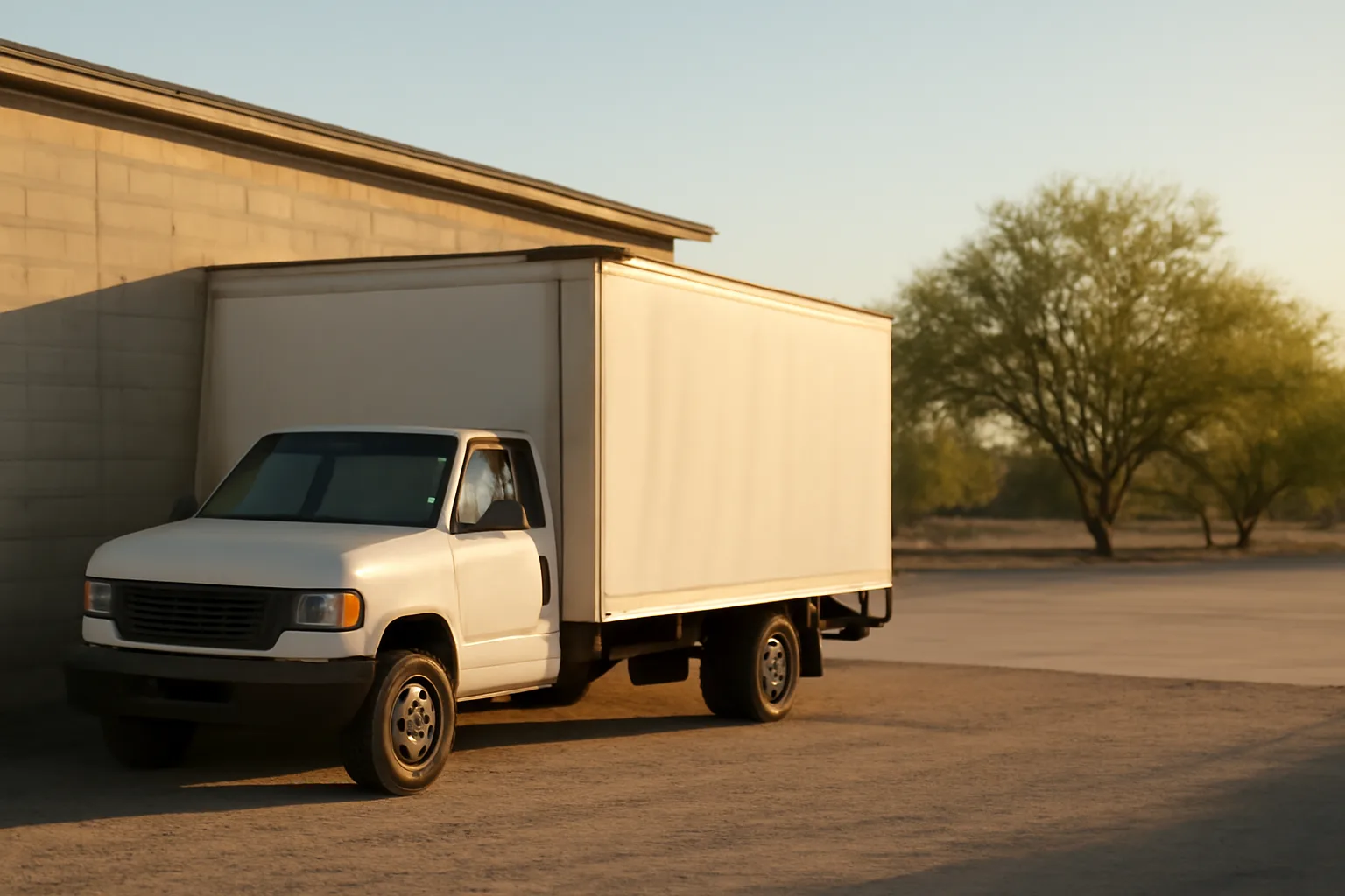 Unmarked box truck at a Phoenix warehouse for mobile shred work