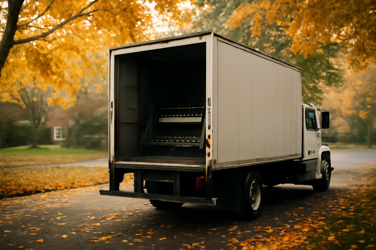Mobile shredding truck parked on a Connecticut suburban street in autumn morning light