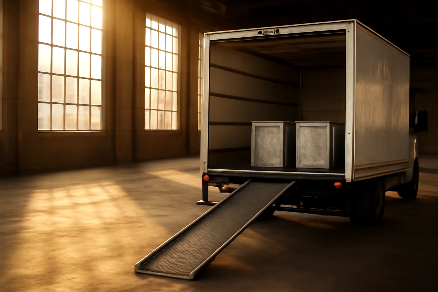 Unlettered Florida shred truck interior on an empty warehouse dock
