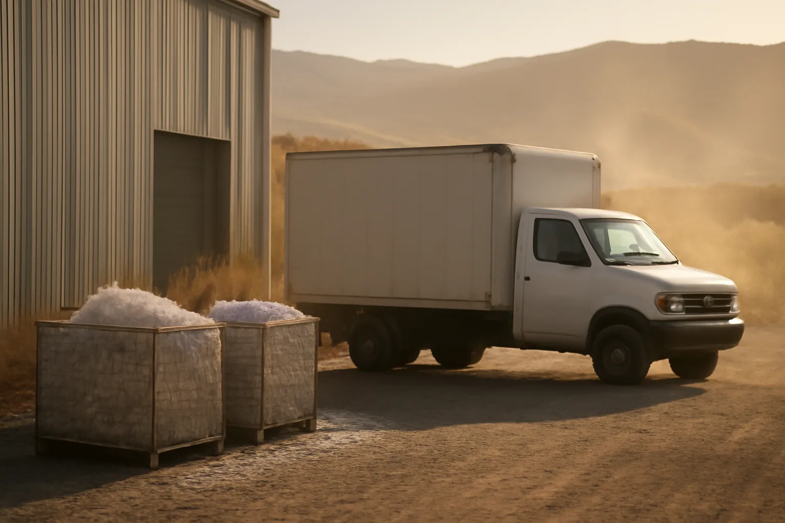 Unmarked truck beside loose paper bins at an Idaho mobile shred lot