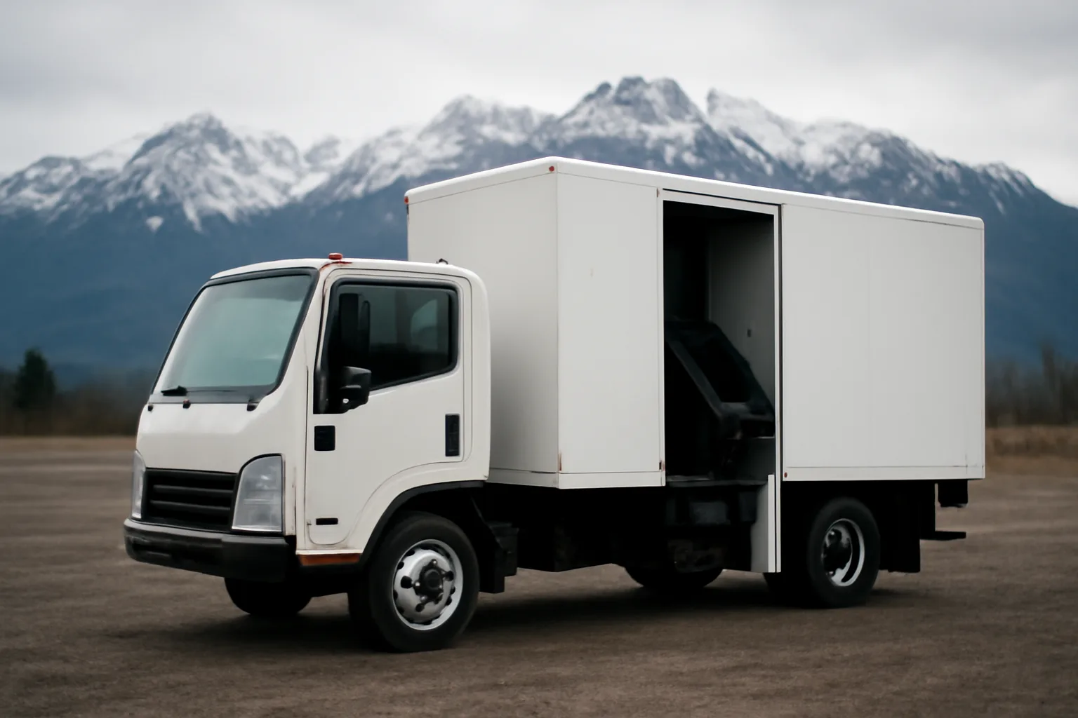 A mobile shred truck on an Anchorage gravel lot with mountains in the background