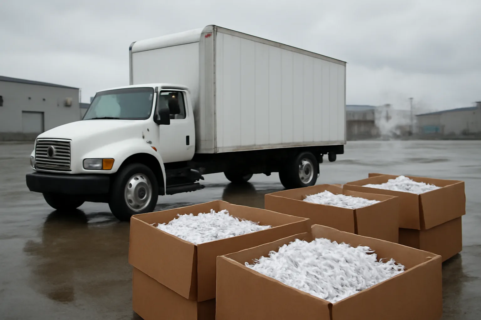 Unmarked box truck by cardboard bins of shredded paper in Arkansas