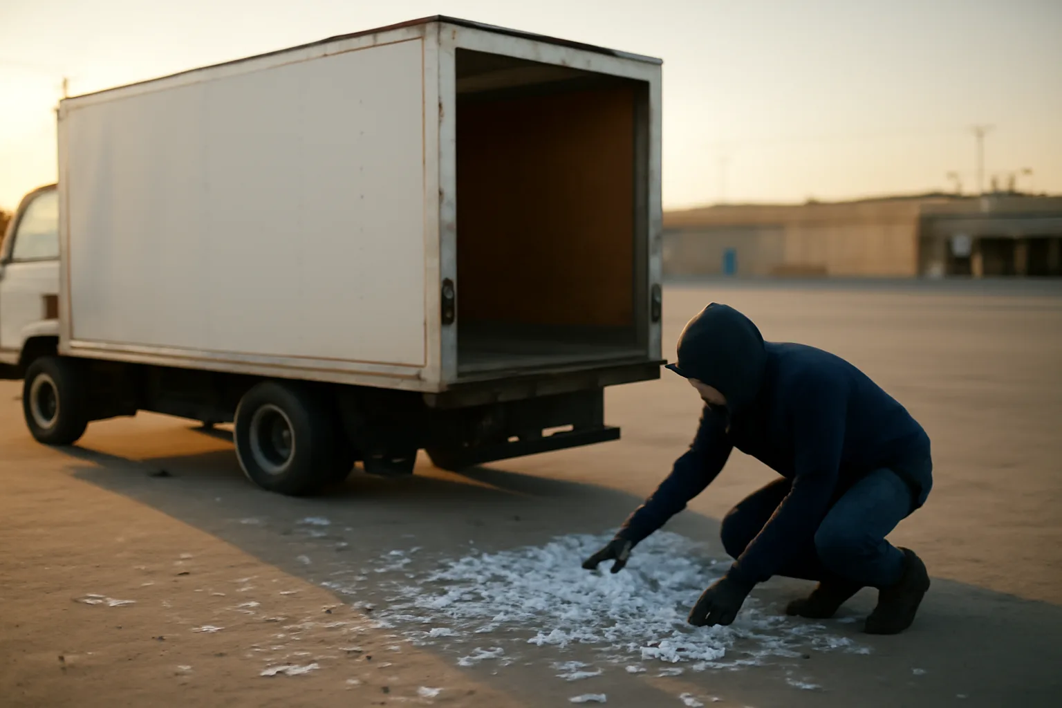 Unmarked truck and paper shreds in a California yard