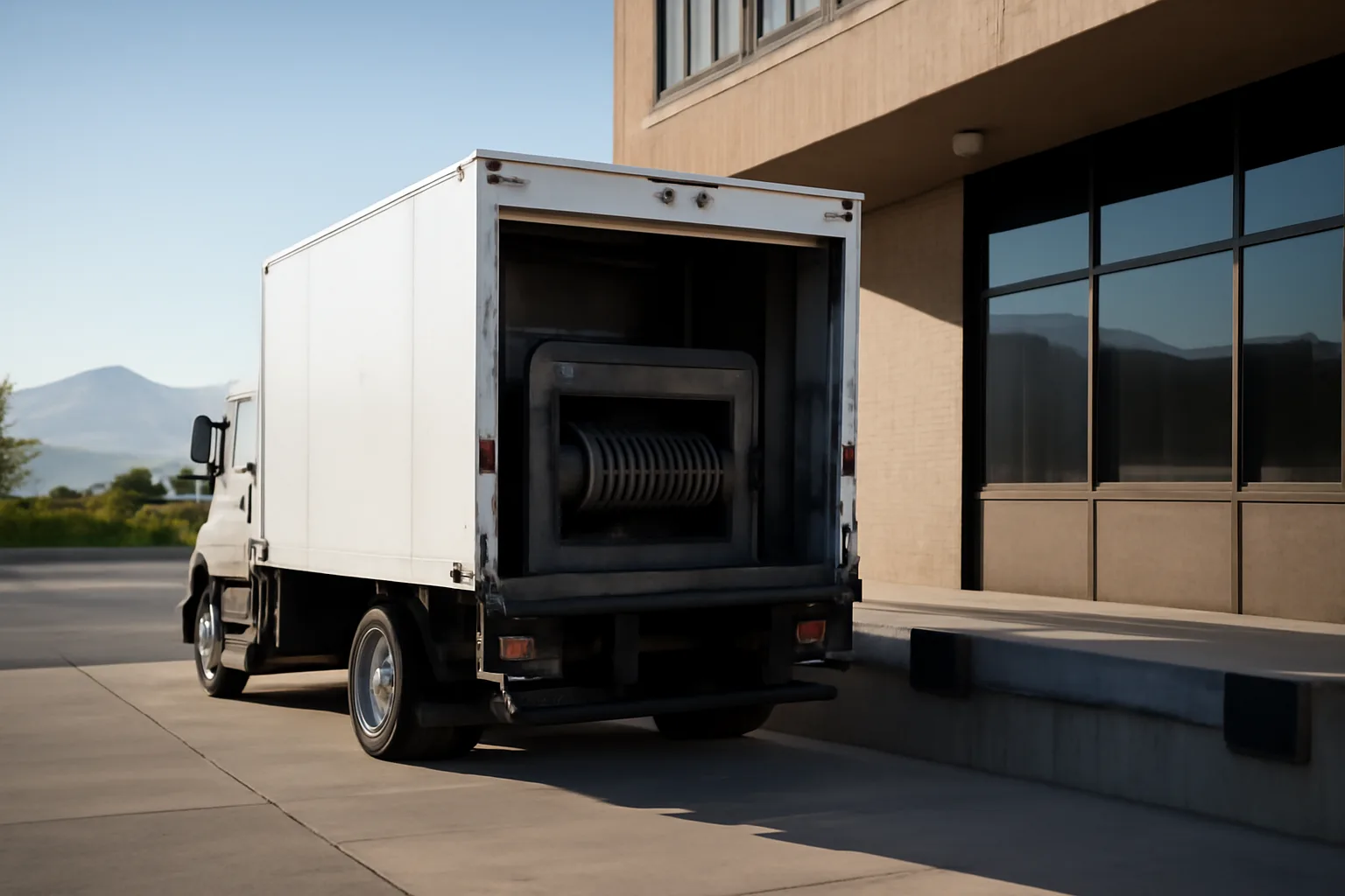 Mobile shred truck with open rear compartment parked at a Colorado office building