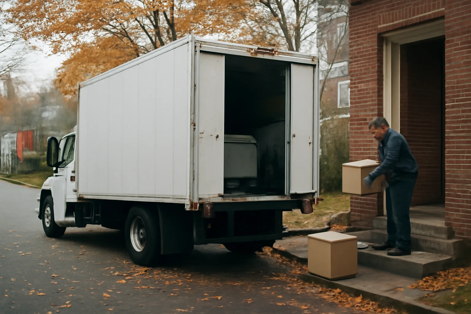 Mobile shredding truck parked outside a Connecticut office building on an autumn morning