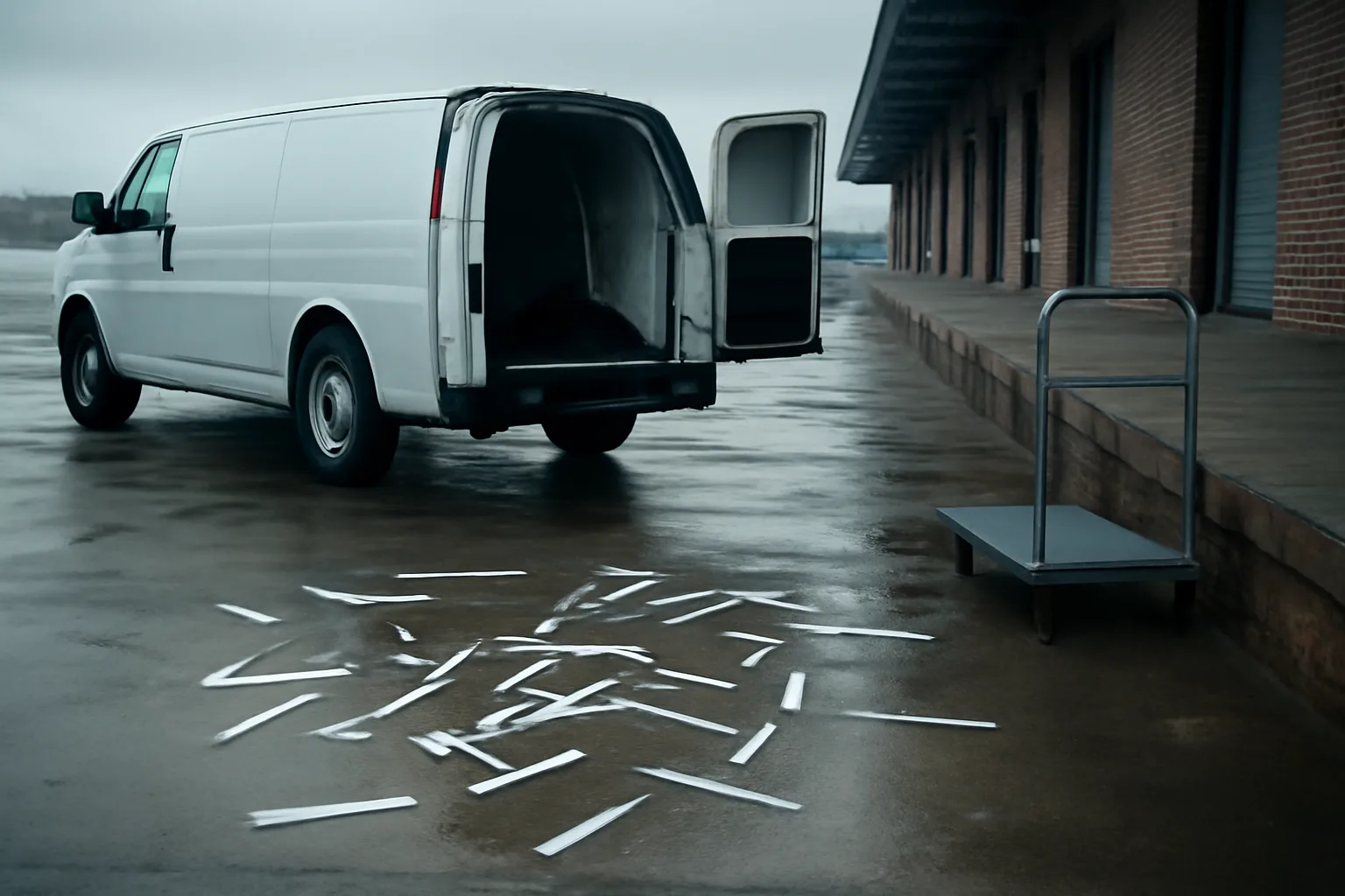 Loose shredded paper beside an unmarked van on a Delaware dock