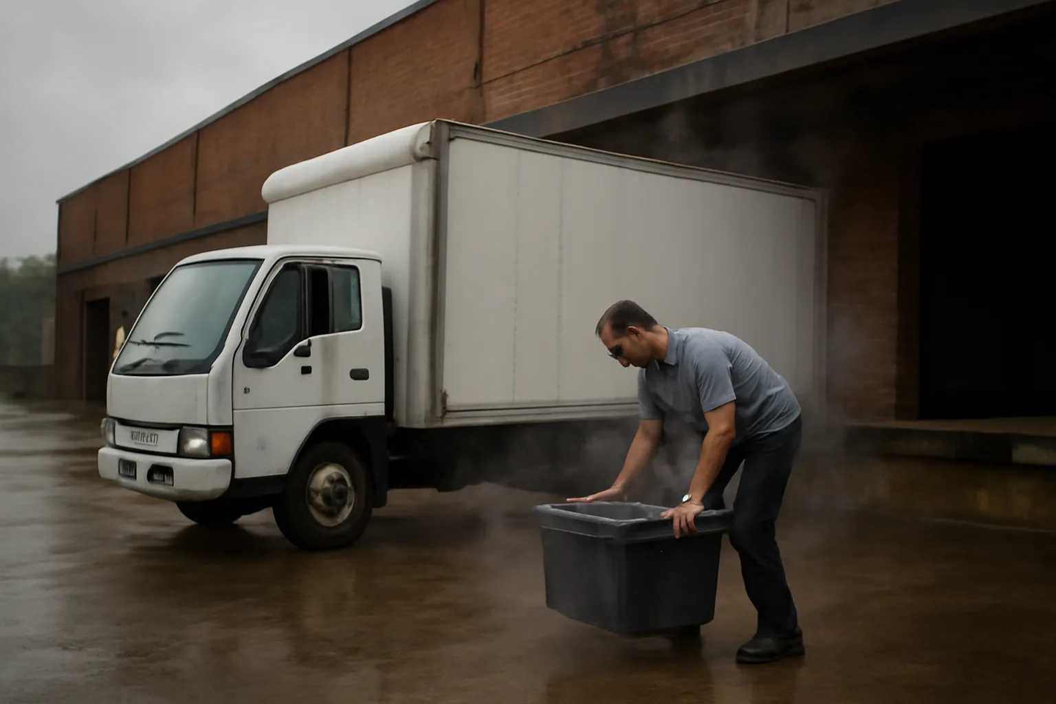 Unmarked truck and tote at an Atlanta mobile shred stop