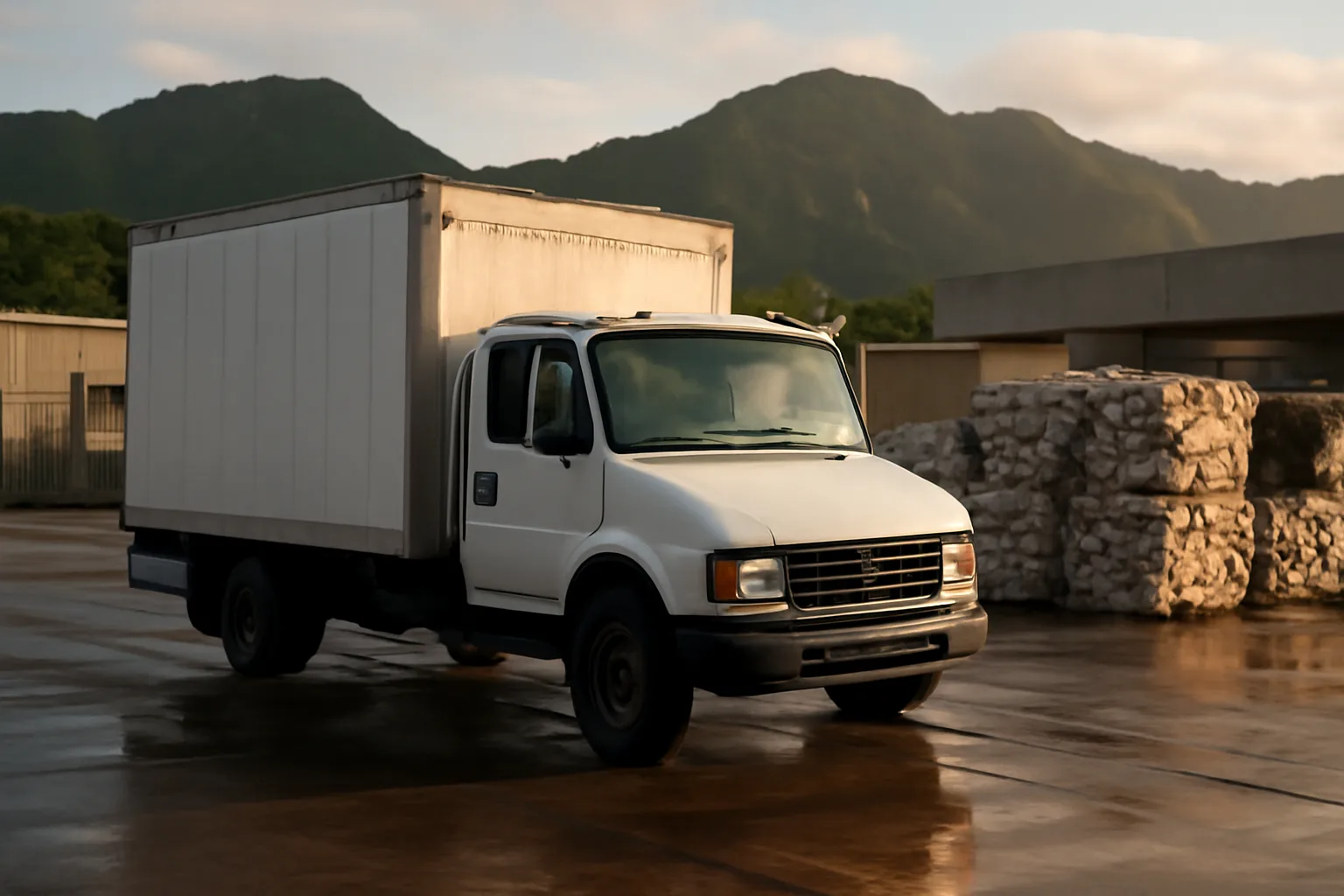 Unmarked truck parked near paper pallets for Hawaii mobile shred work