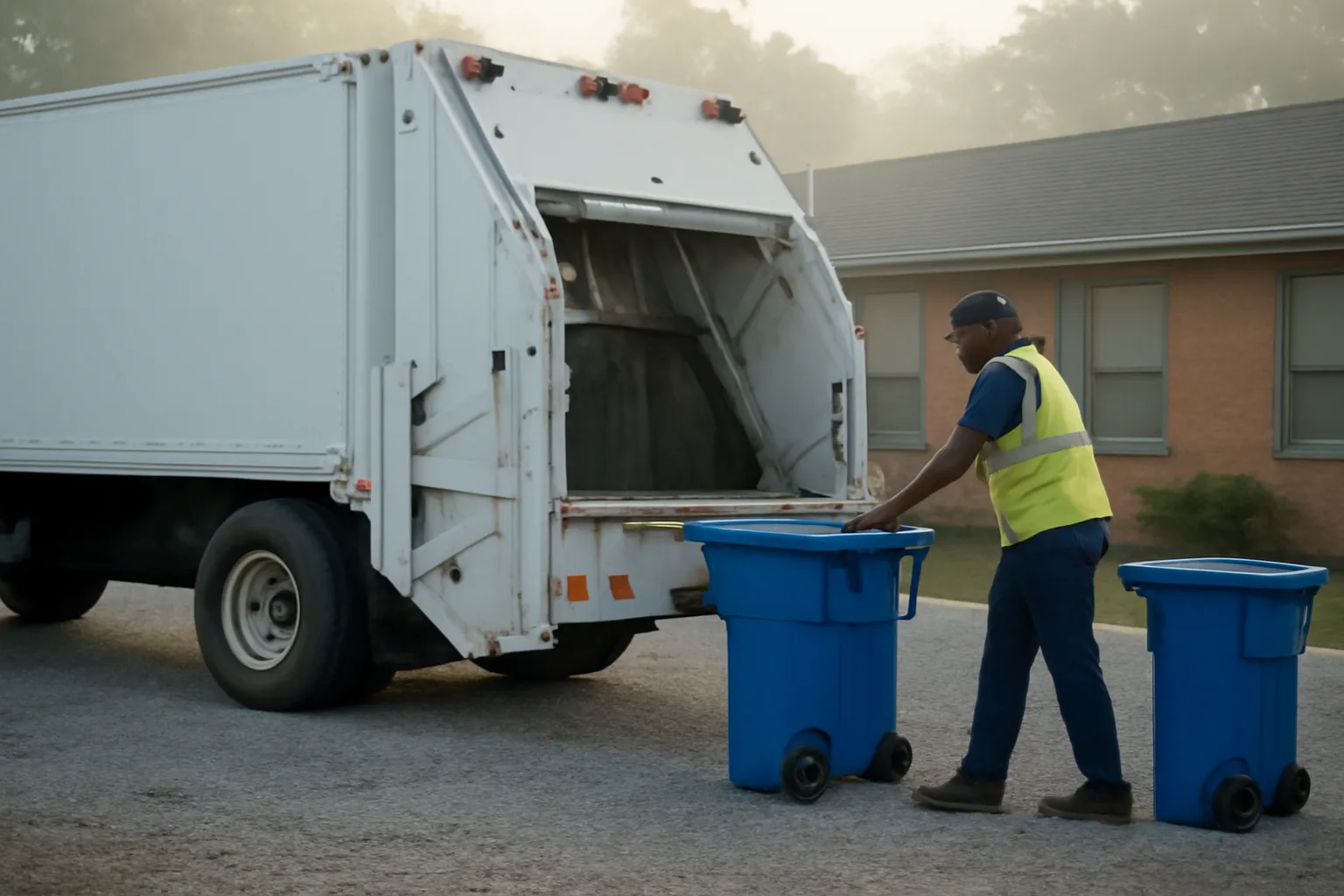 Mobile shredding truck parked beside an Alabama office building, operator moving blue bins.