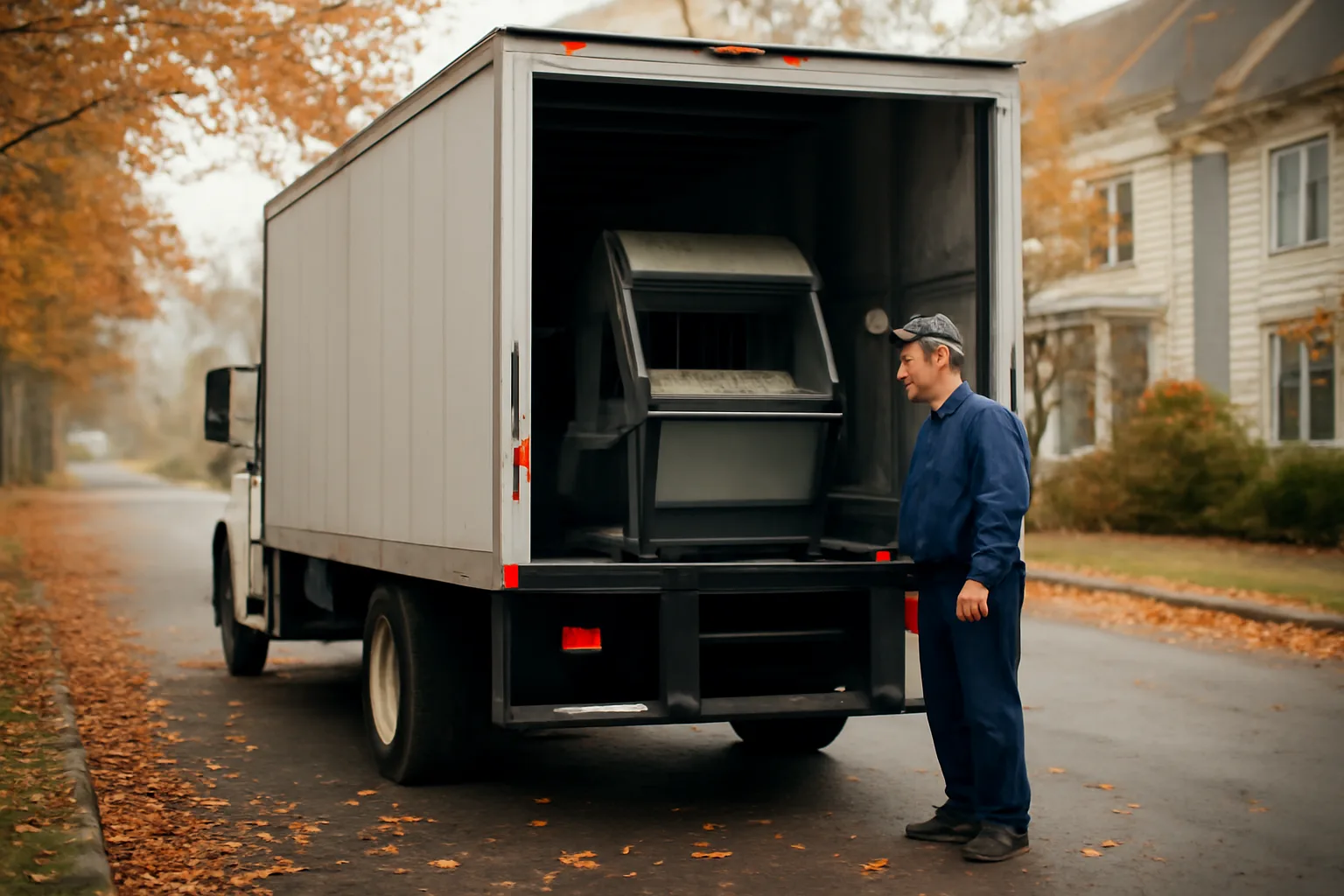 Mobile shred truck with open rear door parked on a Connecticut street in autumn