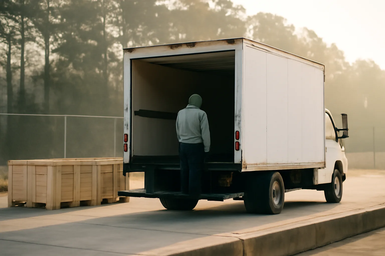 Unmarked mobile shred truck at a Georgia loading dock at sunrise