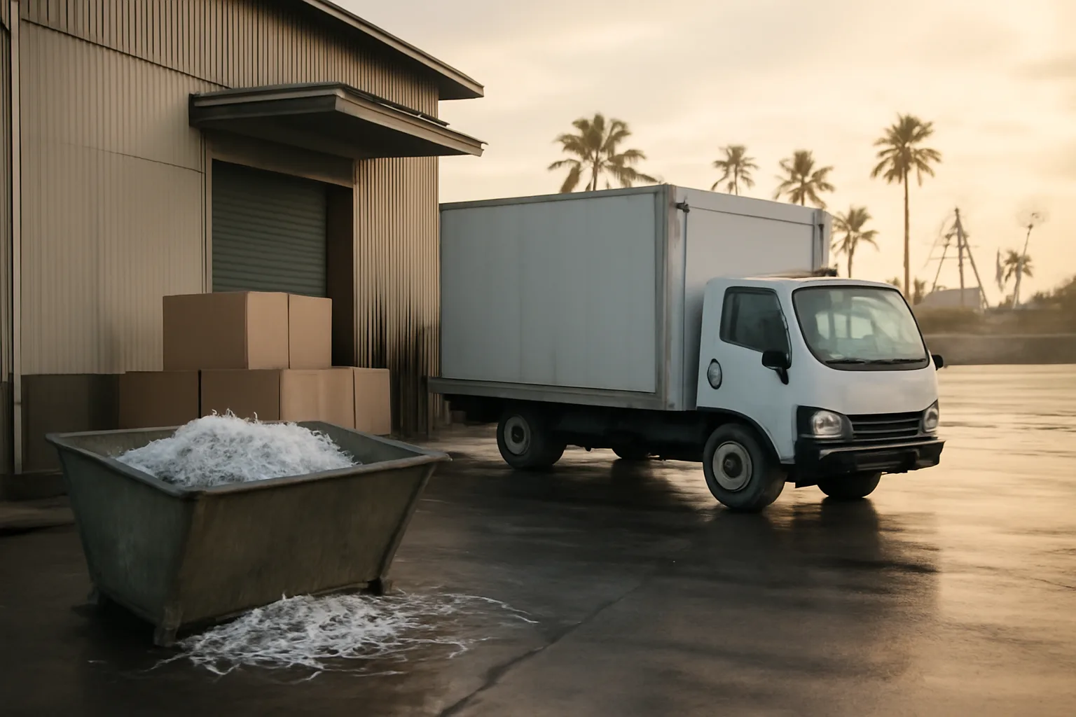 Unmarked truck and shredded paper at a Honolulu lot for mobile shred