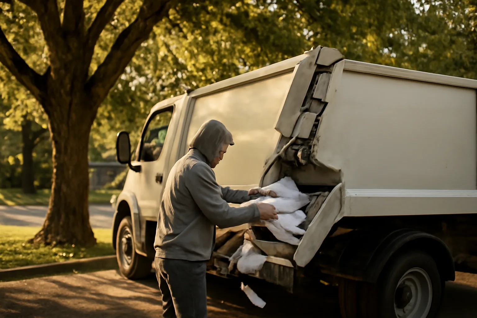 Worker feeding paper into a mobile shred truck in Little Rock