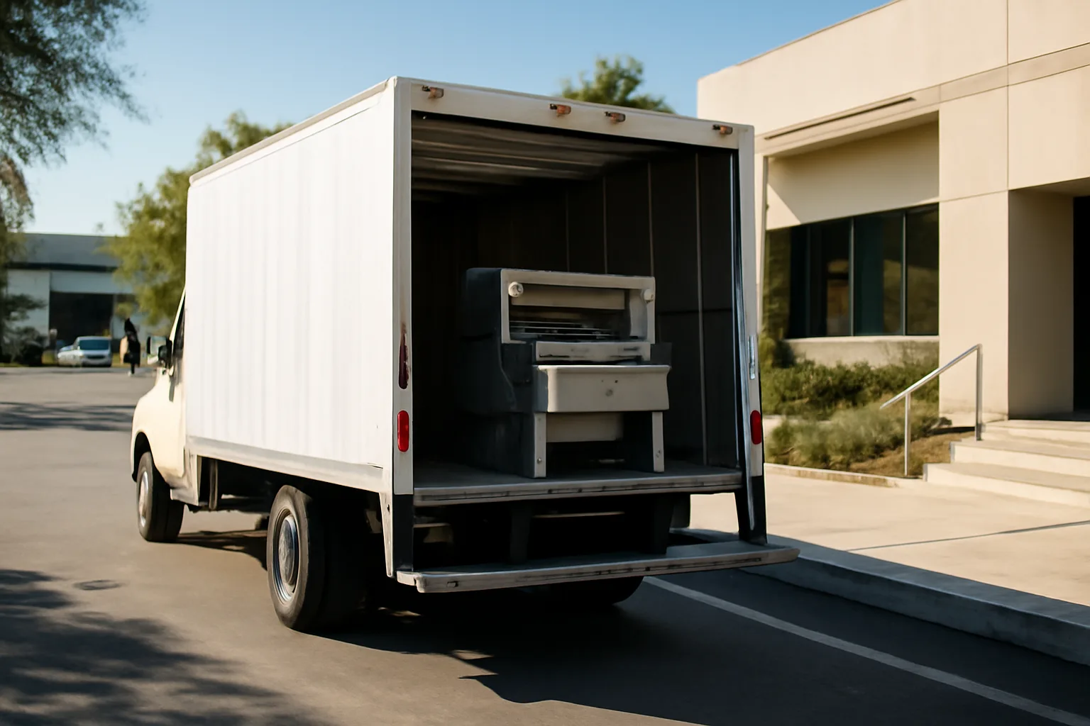 Mobile shred truck with open rear doors at a California office building loading dock