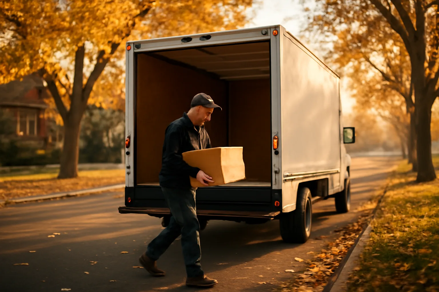 Mobile shred truck with open rear doors on Denver street, operator loading paper boxes