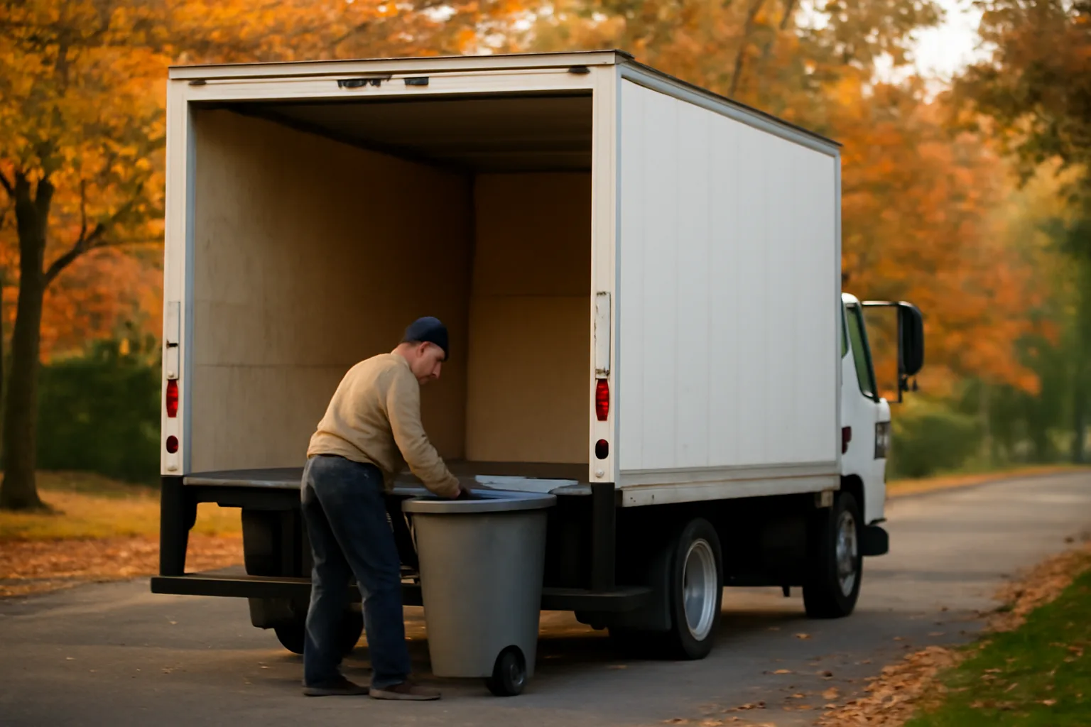 Mobile shred truck parked on Connecticut street with worker unloading document bin