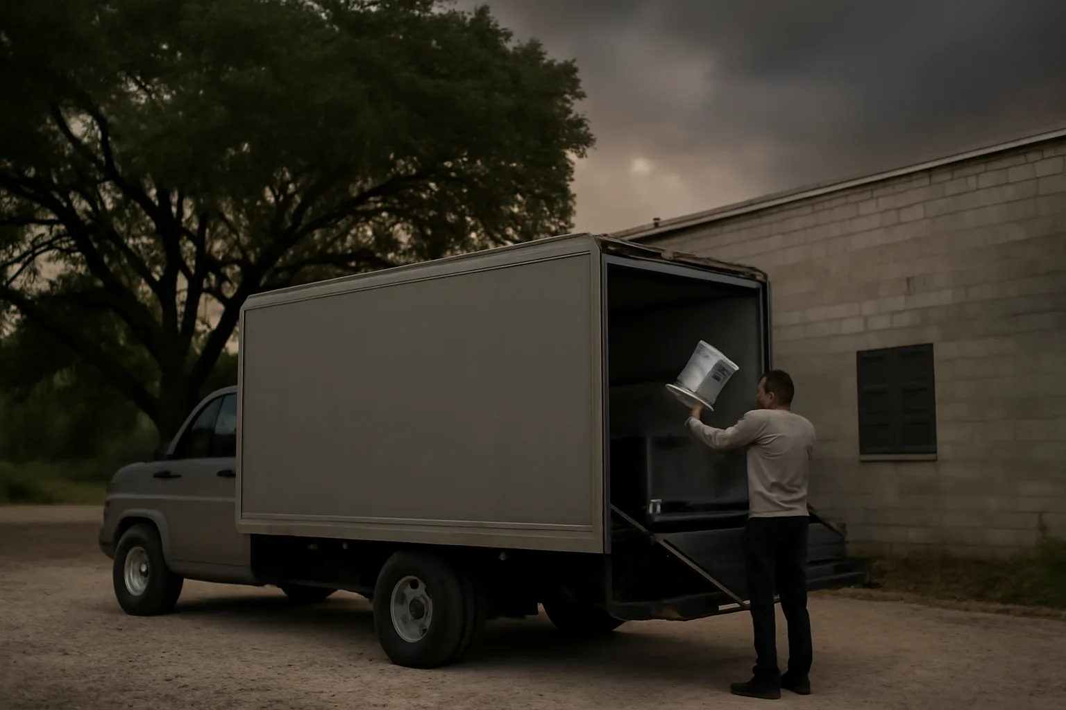 Mobile shred truck loading paper behind a Tampa warehouse