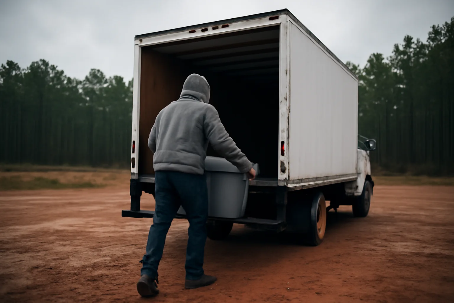 Worker loading a closed bin into an unmarked shred truck in Georgia